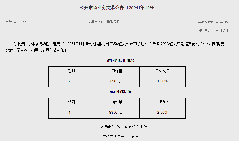 中国人民银行公开市场业务交易公告。 来源:中国人民银行官网